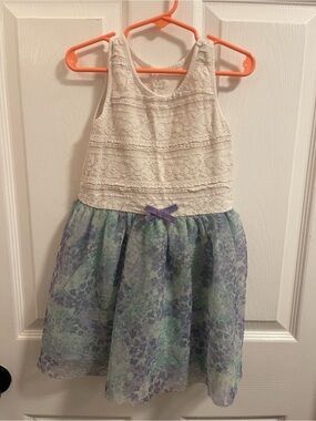 Girls' Cream Lace Top Floral Skirt Dress with Purple Bow
